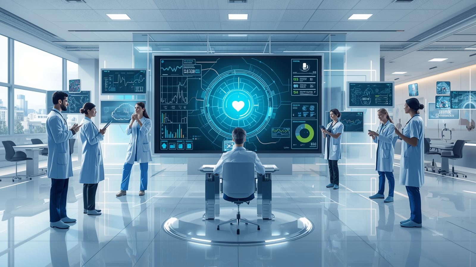 Medical team in futuristic lab analyzing holographic heart data on large screen.